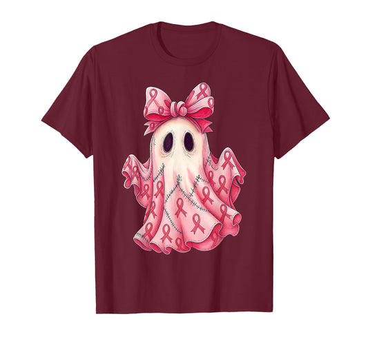 Cute Pink Ribbon Patchwork Ghost Breast Cancer Halloween T-Shirt