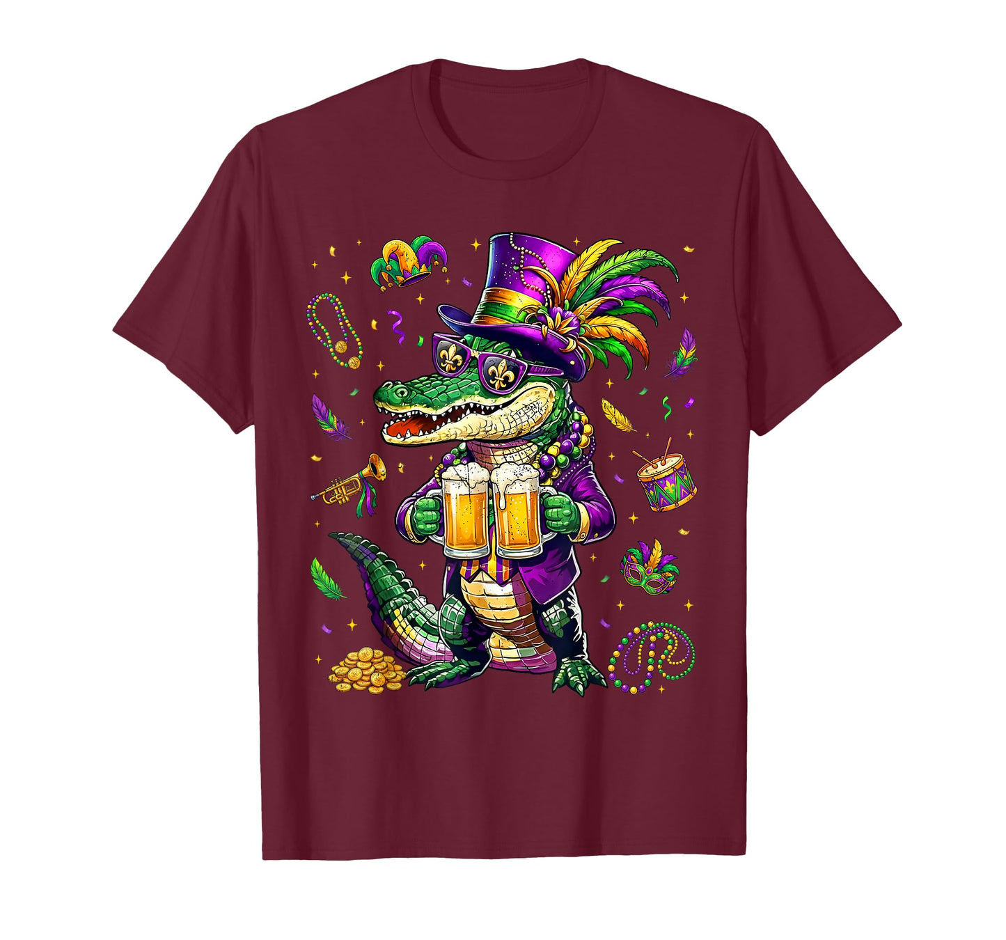 Funny Mardi Gras Malligator Drinking Drink Vintage Bead Men T-Shirt