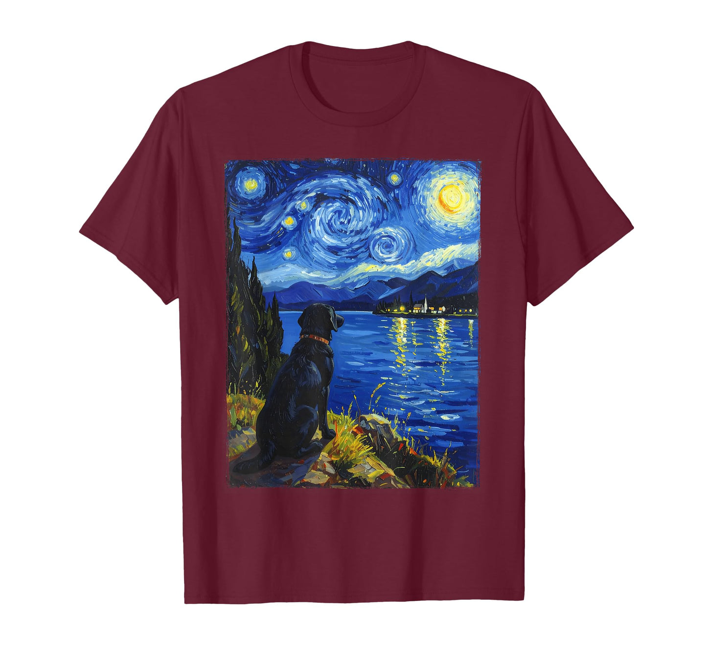 Van Gogh Starry Night Painting Black Retriever Dog T-Shirt