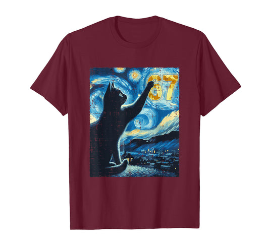 Black Cat Starry Night Van Gogh Cat 67 Six Seven Meme Viral T-Shirt