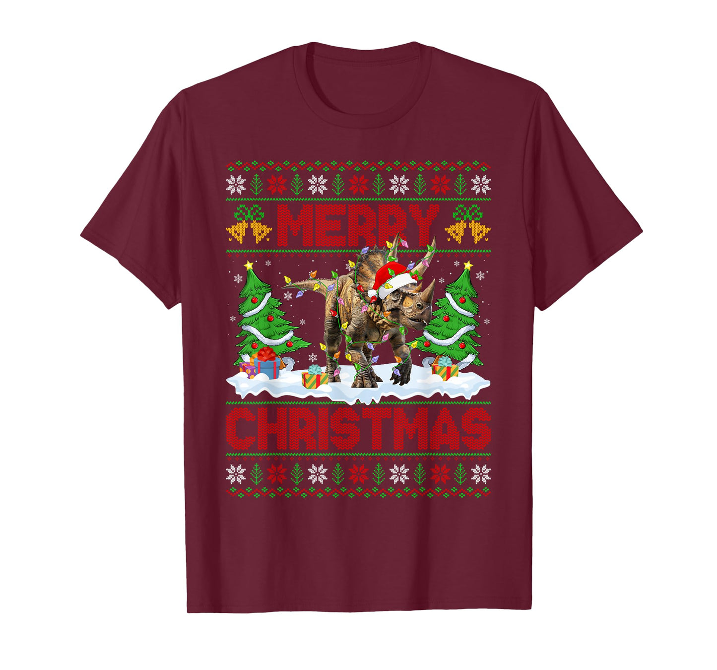 Triceratops Ugly Xmas Sweaters Dinosaur Lights Christmas T-Shirt