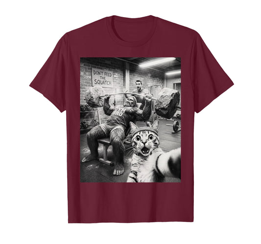 Cat Selfie Funny Bigfoot Gym Bro Weightlifting Workout T-Shirt