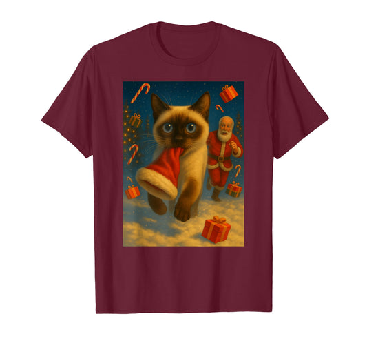 Christmas Santa Sleigh Siamese Cat Selfie Xmas Meme T-Shirt