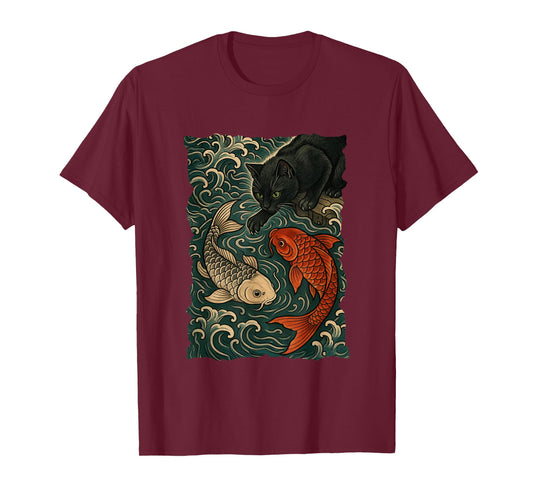 Cat Graphic Tee Women Men Funny Yin Yang Fish Japanese Art T-Shirt