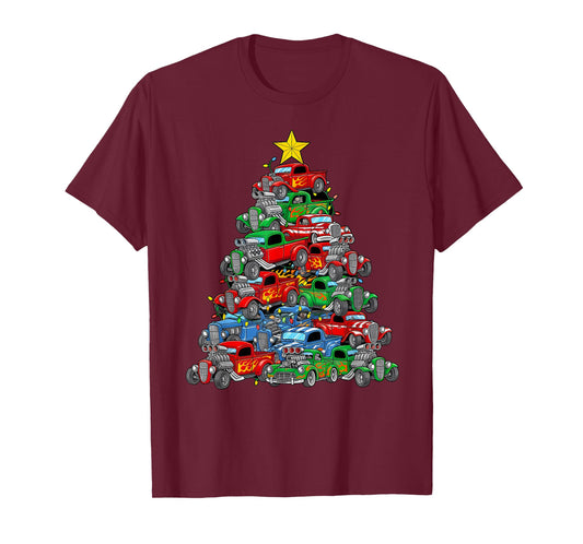 Hot Rod Christmas Tree Muscle Car Boys Men Xmas Classic Cars T-Shirt