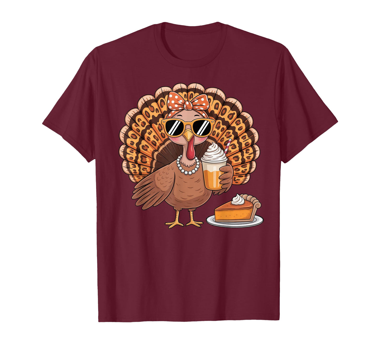 Turkey Drinking Coffee Bow Thanksgiving Leopard Women T-Shirt