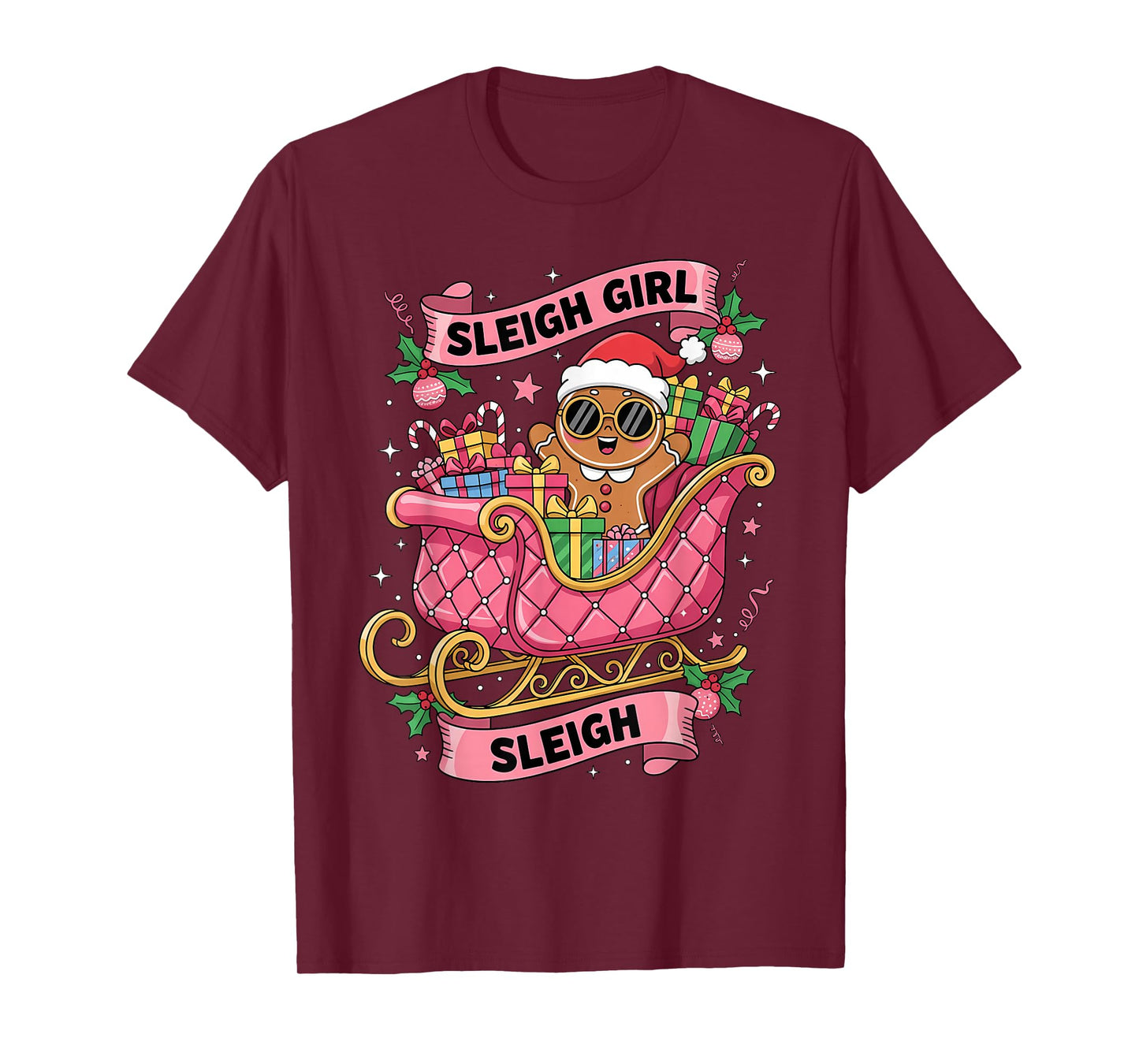 Gingerbread Sleigh Girl Pink Funny Christmas Women Girls T-Shirt
