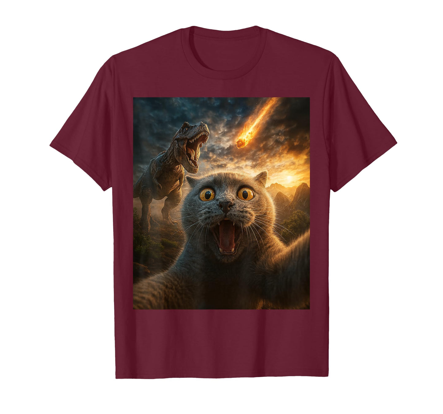 Funny Cat Selfie with Dinosaur and Meteor Apocalypse Gifts T-Shirt