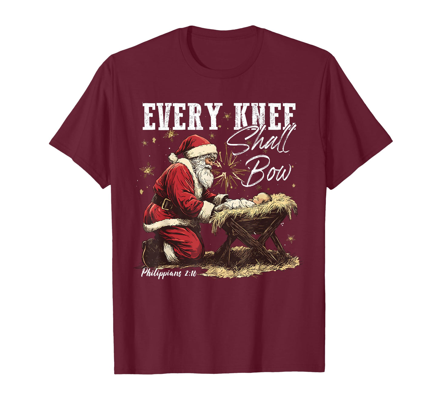 Every Knee Shall Bow Santa Christmas Nativity Scene Xmas T-Shirt