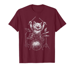 Funny Cat Drummer Playing Drums Music Lovers Cute Rock T-Shirt
