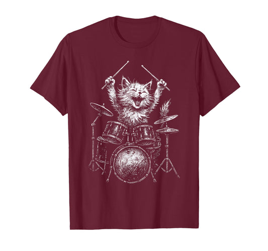 Funny Cat Drummer Playing Drums Music Lovers Cute Rock T-Shirt