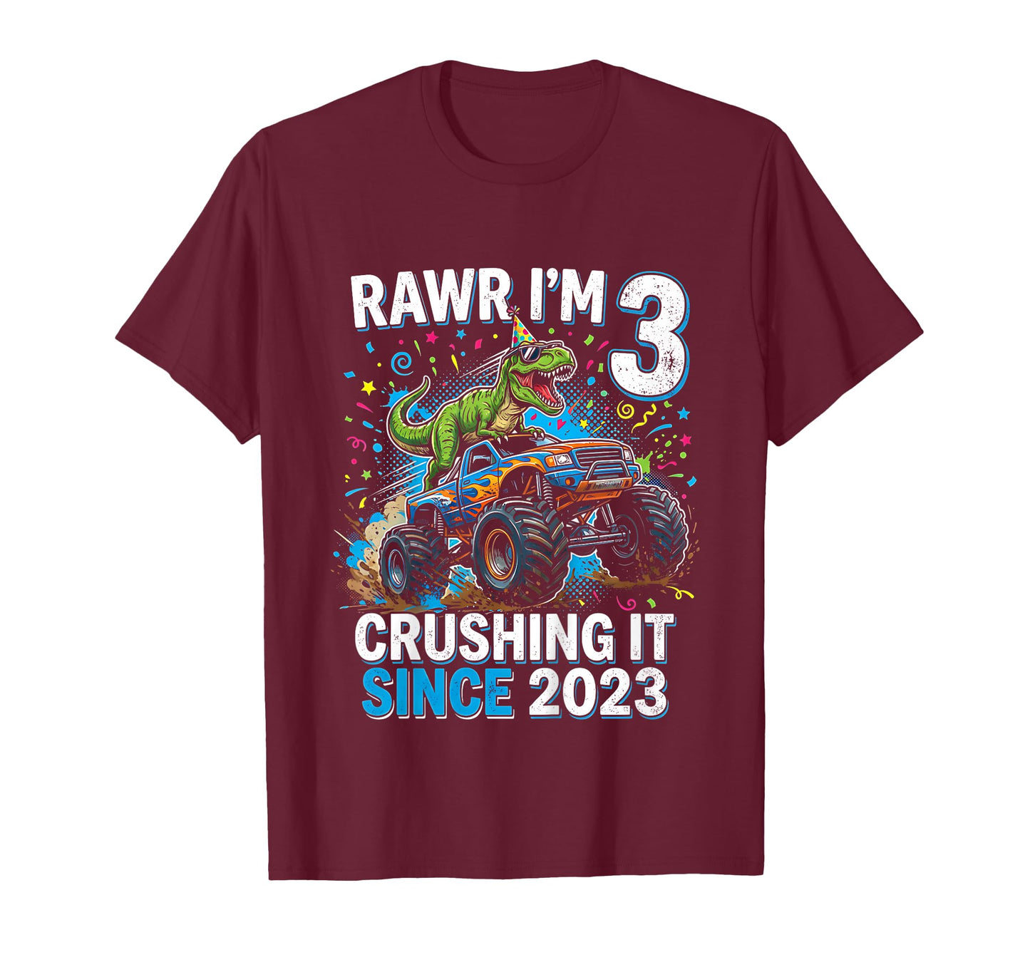 Kids 3rd Birthday Truck Turning 3 Years Old Boy Dinosaur Trex T-Shirt