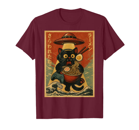 Funny Vintage Gaming Cat Gamer Ramen UFO Japanese Anime T-Shirt