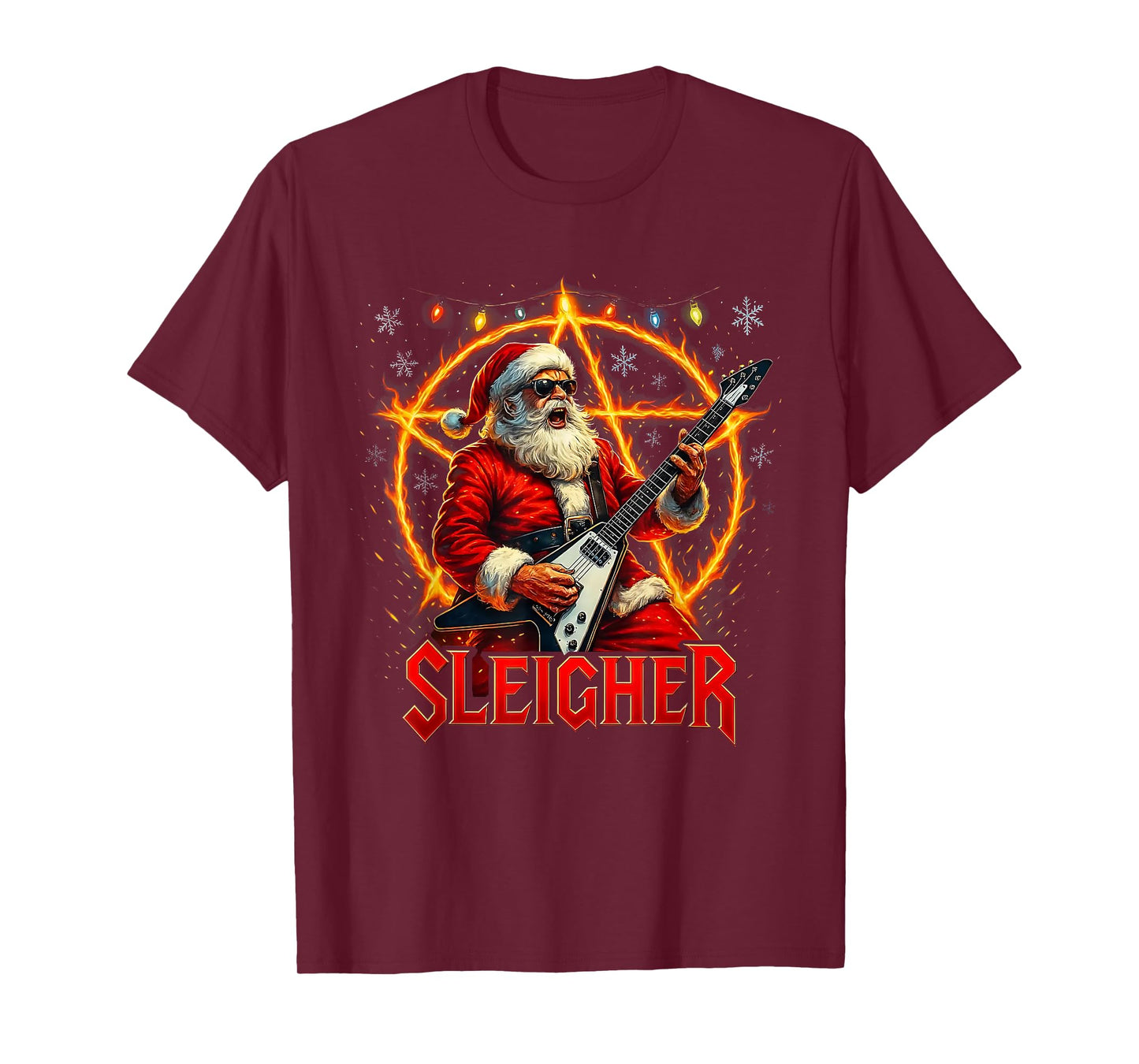 Sleigher Metal Santa Rocking Christmas Design T-Shirt