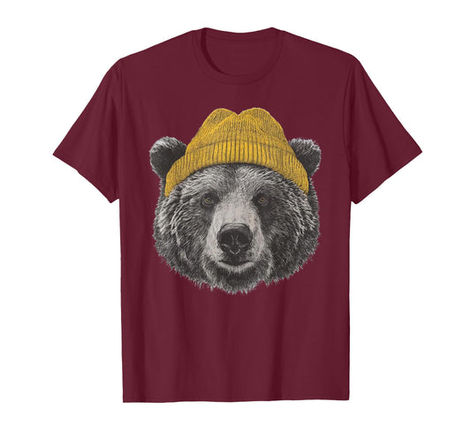 Retro Grizzly Bear in Beanie Wilderness Nature Camping T-Shirt
