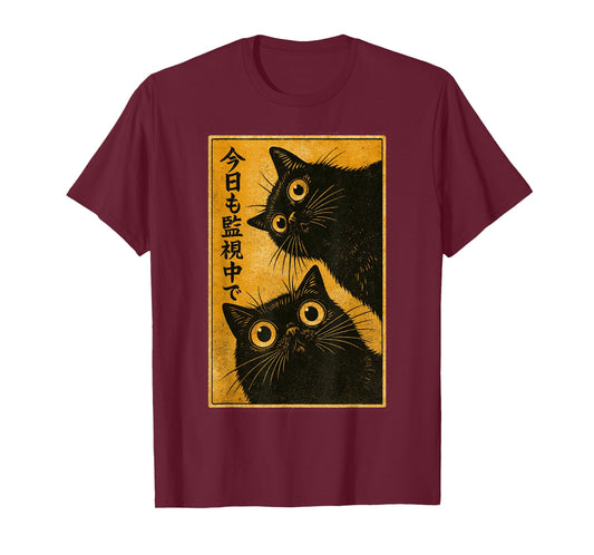 Funny Black Two Cat Watching You Waves Retro Japanese Art T-Shirt