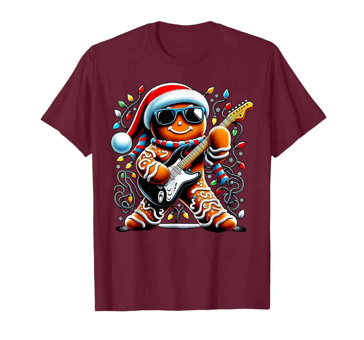 Rock Star Gingerbread Christmas Guitar Lights Men Women Kids T-Shirt