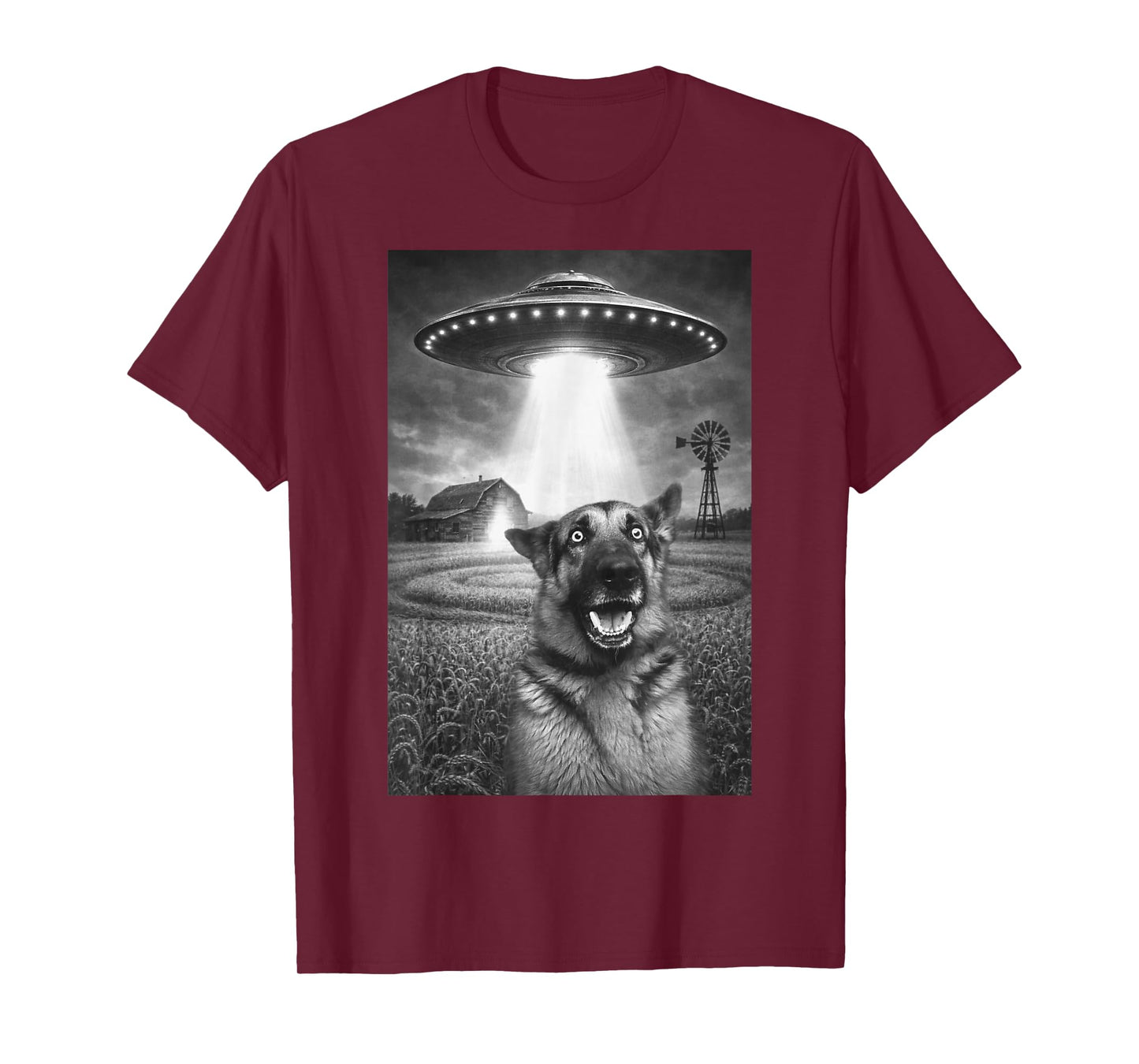 Funny German Shepherd Dog Shocked UFO Alien Abduction Farm T-Shirt