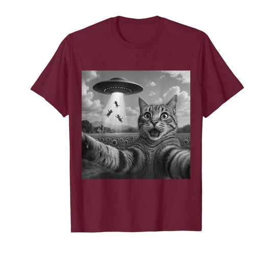 Alien Cat Selfie UFO Gifts Men Teen Boys Graphic Funny Cat T-Shirt