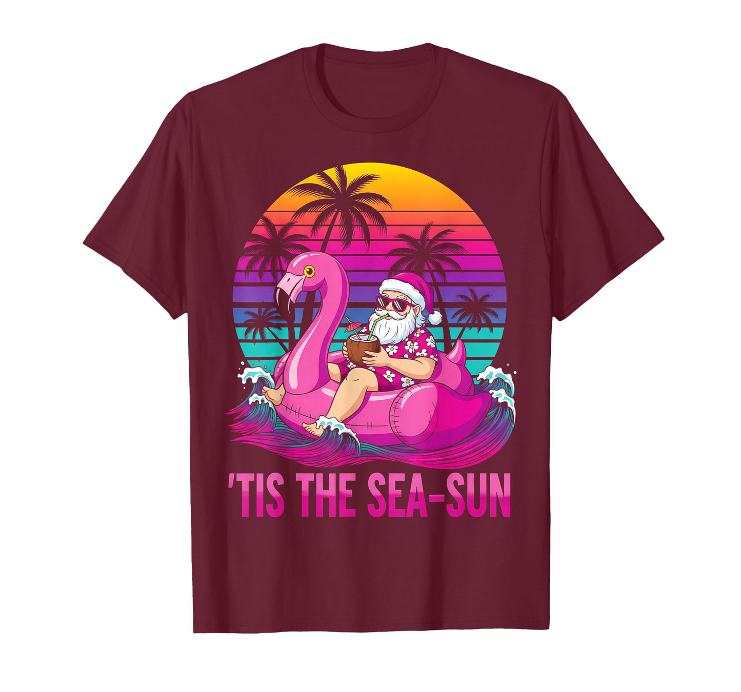 Tis The Sea-Sun Christmas in July Hawaii Santa Beach Retro T-Shirt