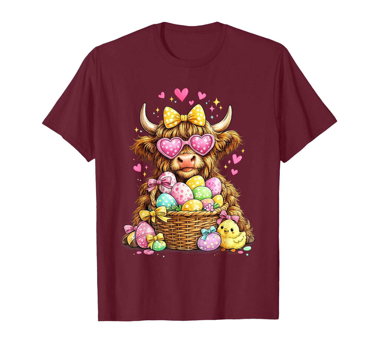Cute Easter Highland Cow with Eggs Bunny Farm T-Shirt