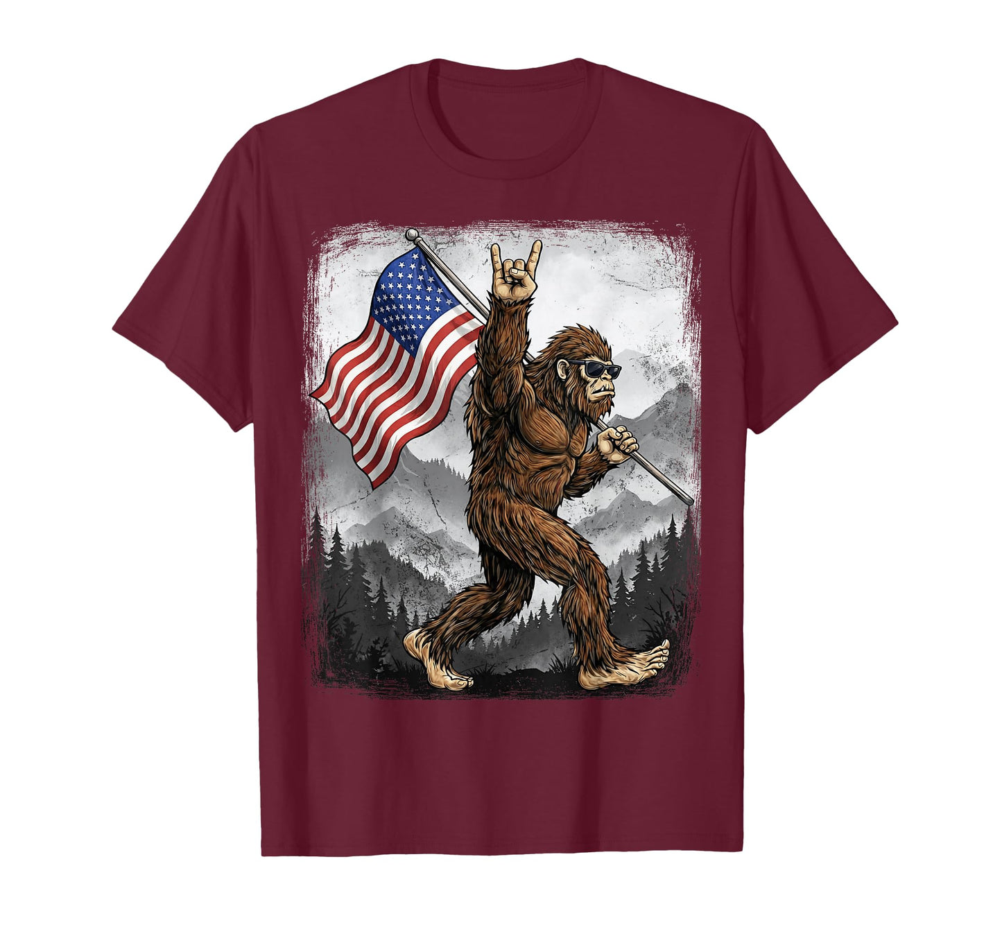 Bigfoot Rock On Hand Sign American Flag 4th of July USA T-Shirt