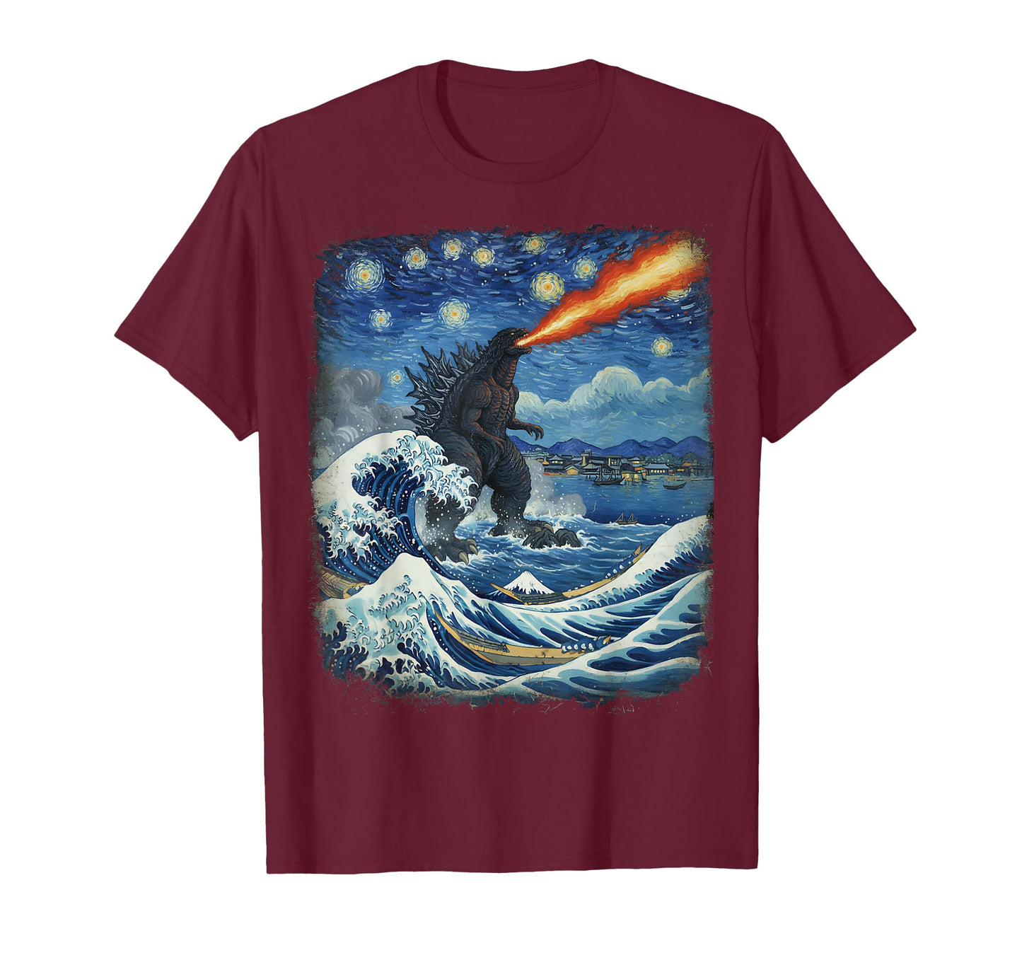 Kaiju Monster Japanese Vangogh starrynight Wave Vintage T-Shirt