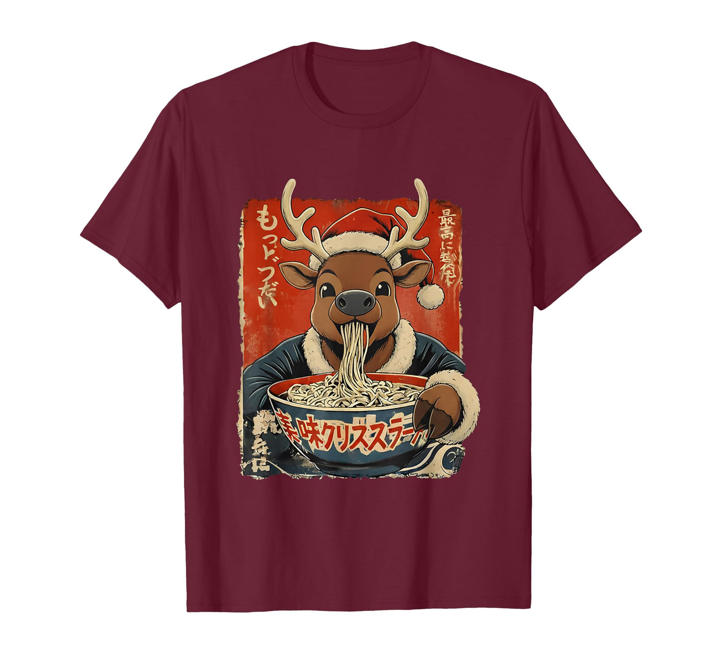 Reindeer Eating Ramen Noodles Ukiyo-e Christmas Pajama T-Shirt