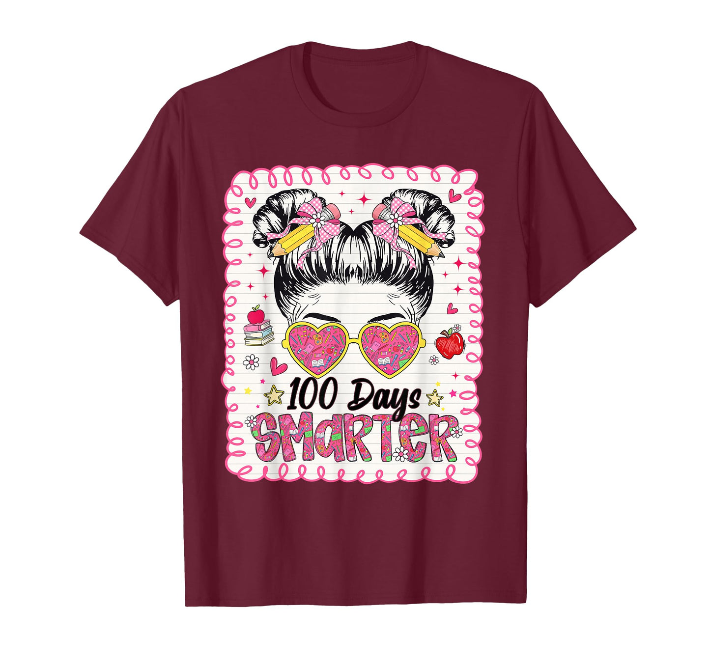 Preppy 100 Days Smarter 100th Day of School Messy Bun Girls T-Shirt