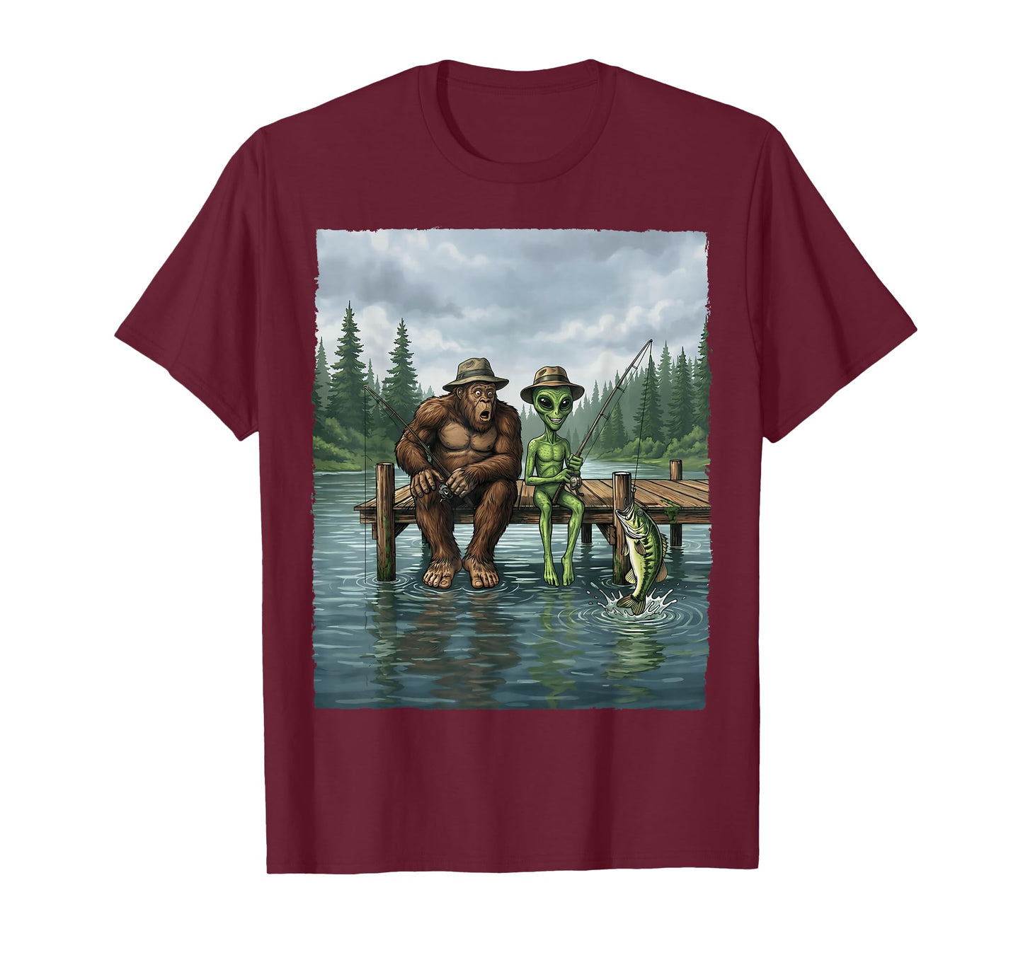 Funny Bigfoot Fishing Mens Alien Sasquatch Fishing Boys T-Shirt