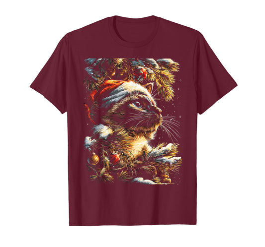 Christmas Siamese Cat with Santa Hat Festive Winter Kitten T-Shirt