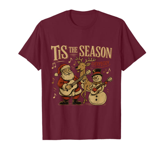 Vintage Christmas Carolers Santa Reindeer Snowman Tee T-Shirt