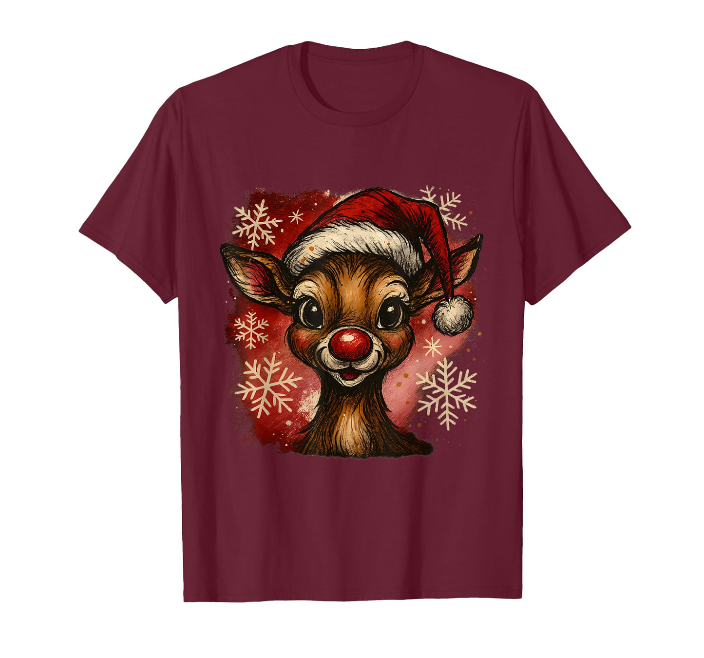 Cute Christmas Reindeer Santa Hat Festive Snowflakes T-Shirt