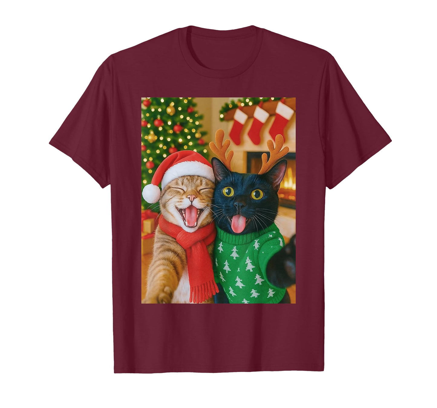 Funny Meme Cat Taking A Selfie Christmas Xmas Lights Holiday T-Shirt