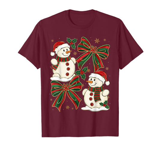 Christmas Snowman Coquette Bow Snowflake Girl Women Kid T-Shirt