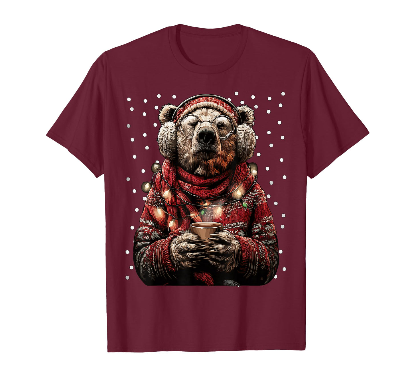 Festive Bear in Glasses Christmas Lights Funny Coffee Winter T-Shirt