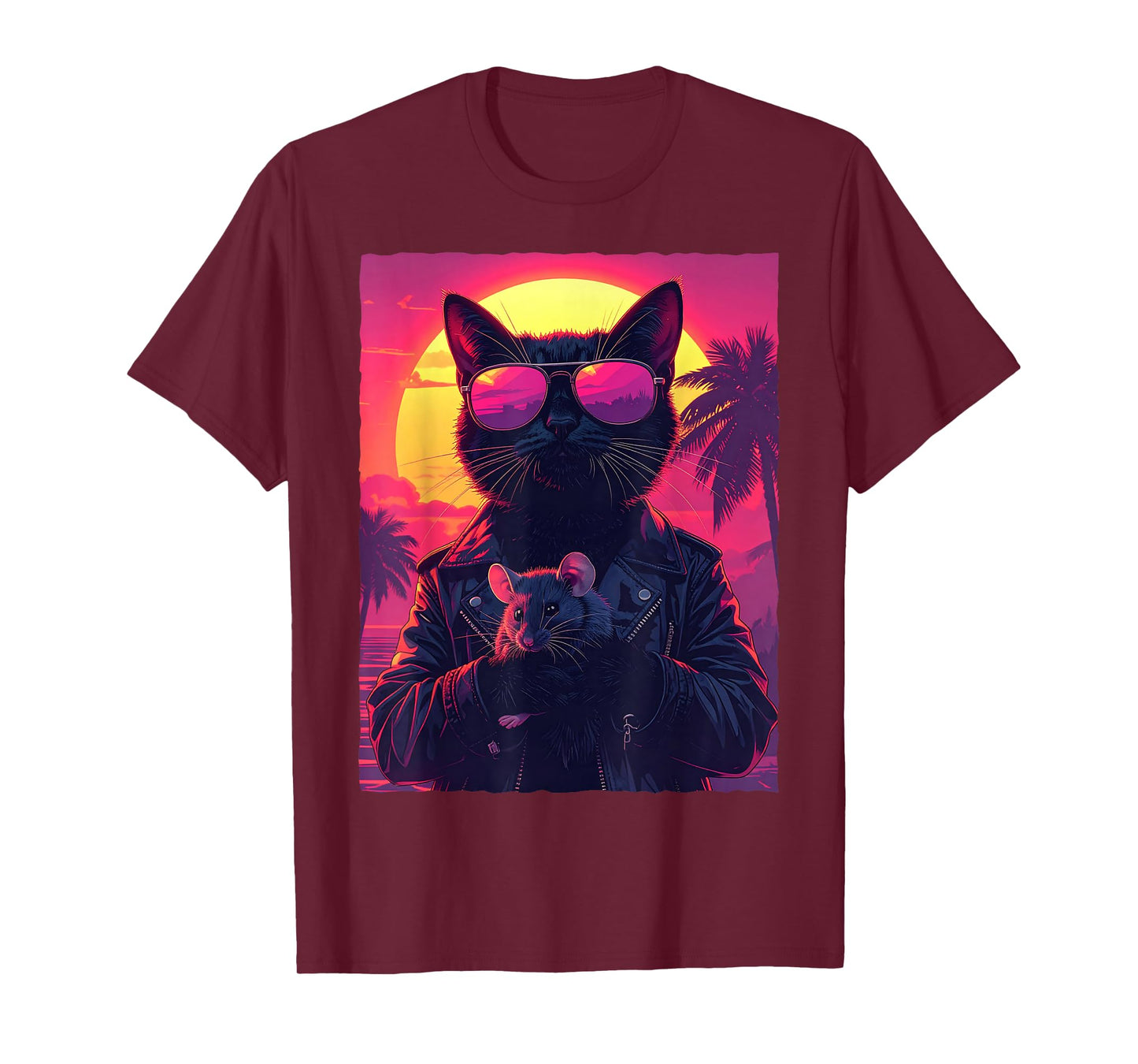 Cool Black Cat with Mouse and Retro Sunset T-Shirt