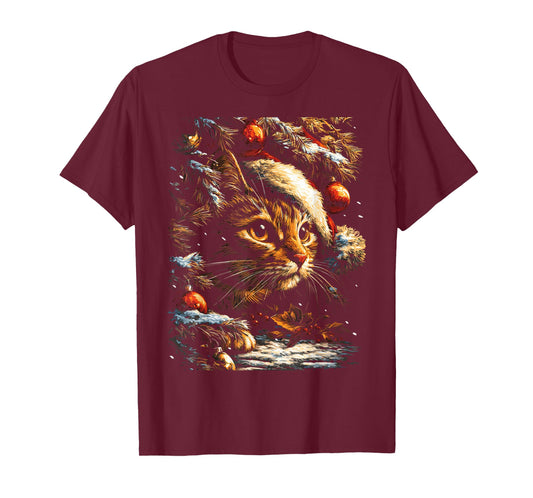 Christmas Tabby Cat with Santa Hat Festive Winter Kitten T-Shirt