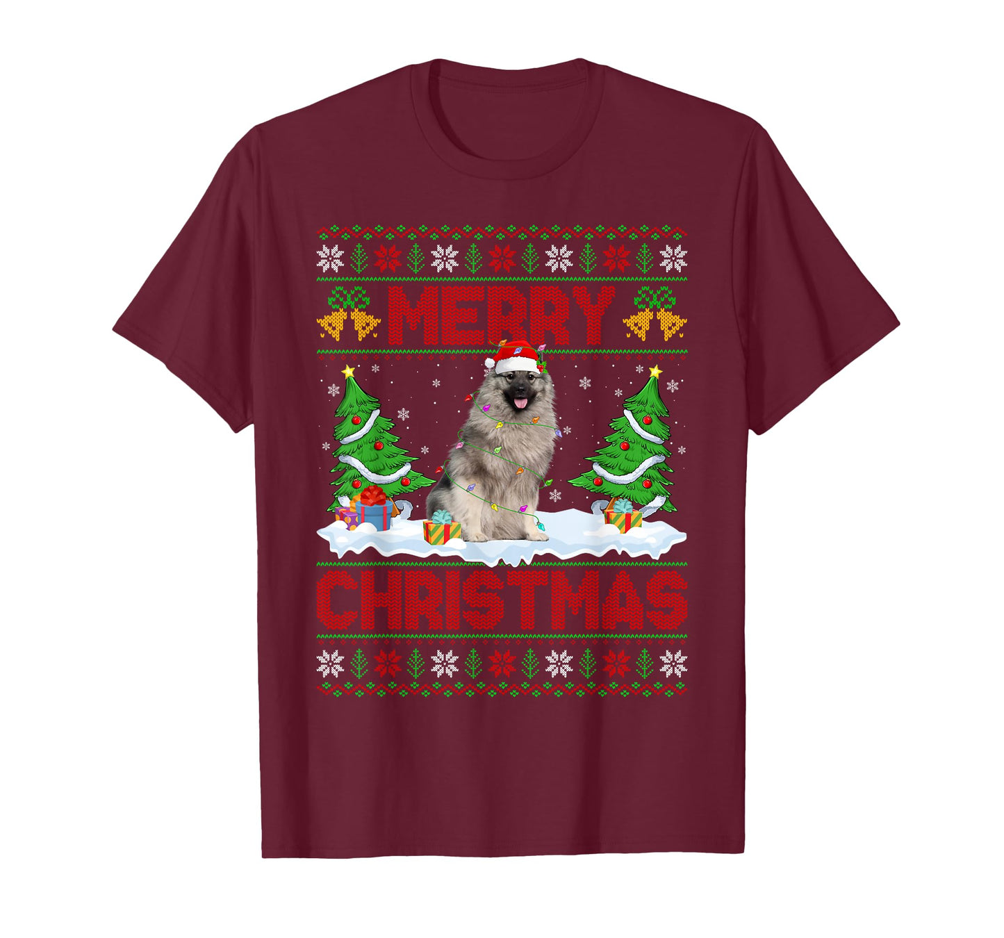 Keeshond Dog Christmas Ugly Sweater Funny Santa Hat Dog Xmas T-Shirt