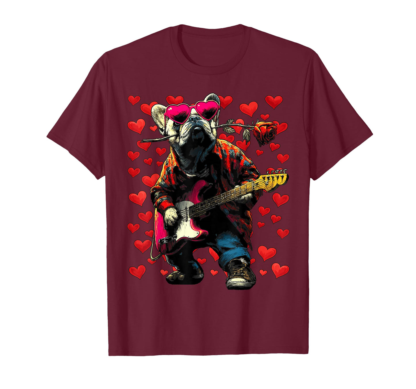 French Bulldog Playing Guitar Guitarist Dog Valentine’s Day T-Shirt