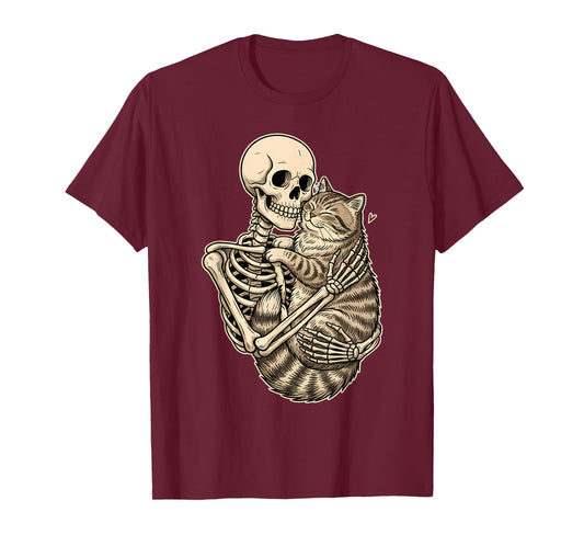 Skeleton Hugging Cat Kitten Kitty Lover Pet Mom Cat Dad T-Shirt