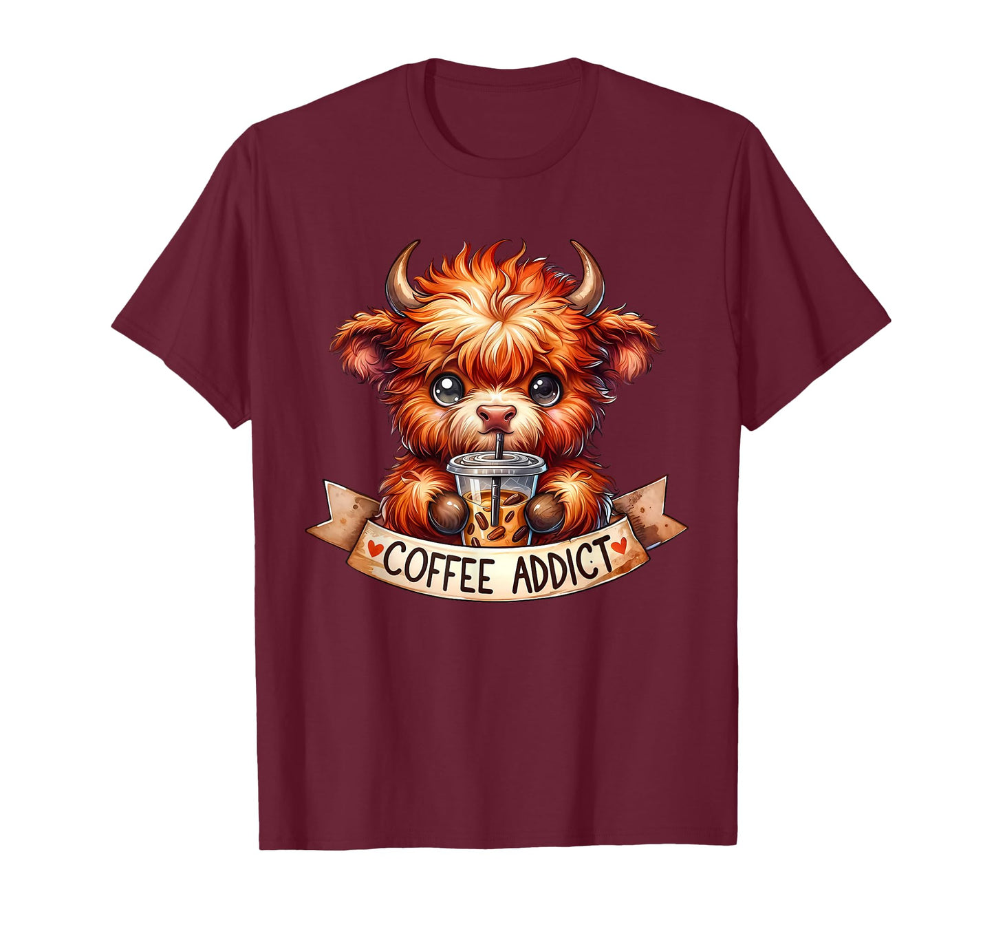 Cute Highland Cow Coffee Addict Coffee Lovers Men Women T-Shirt