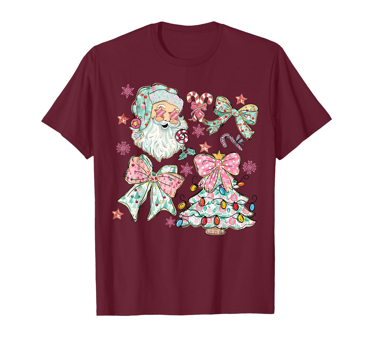 Pastel Santa Bow Christmas Tree Cute Holiday T-Shirt