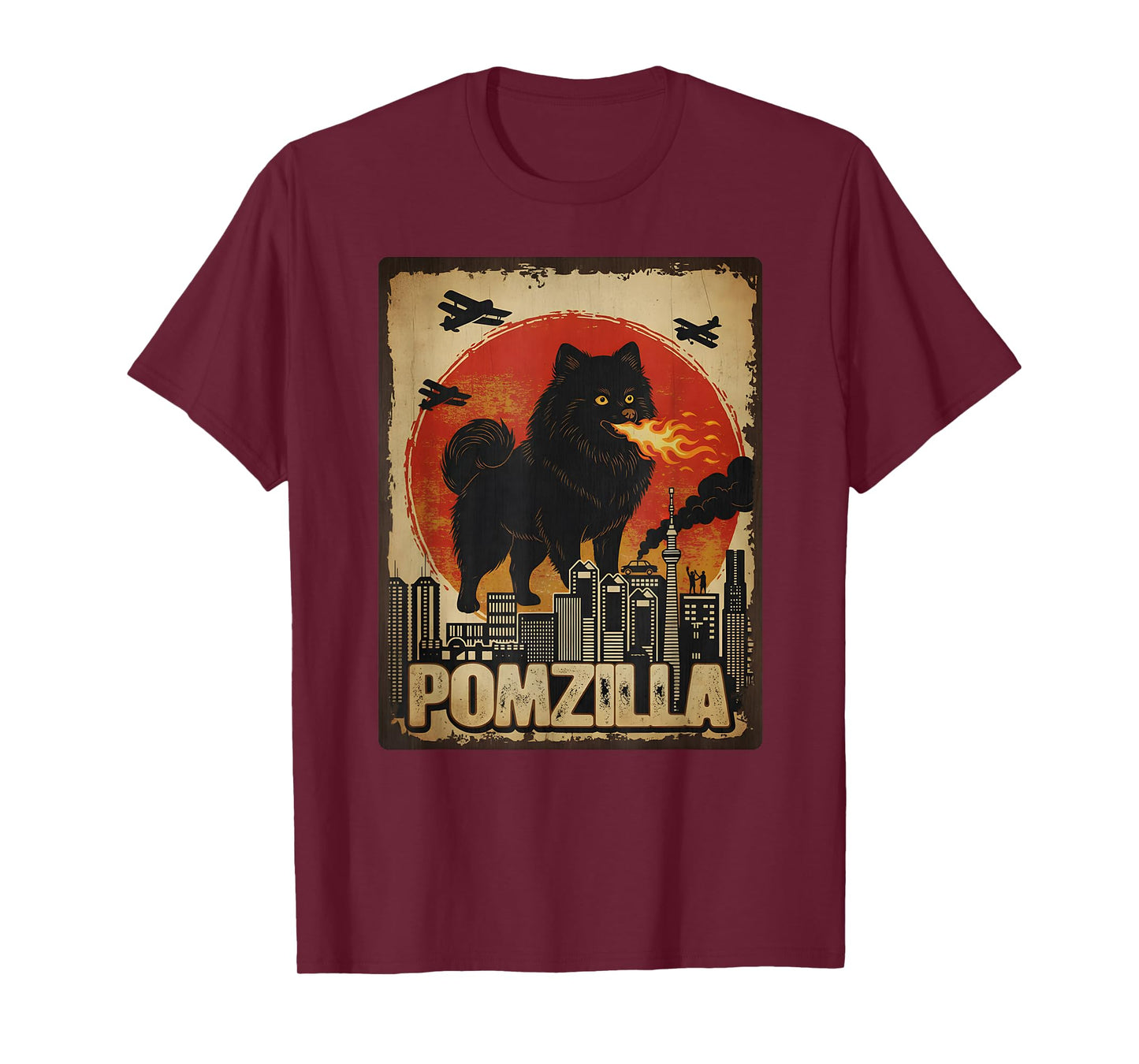 Funny Pomzilla Black Pomeranian Dog Monster Vintage Japanese T-Shirt