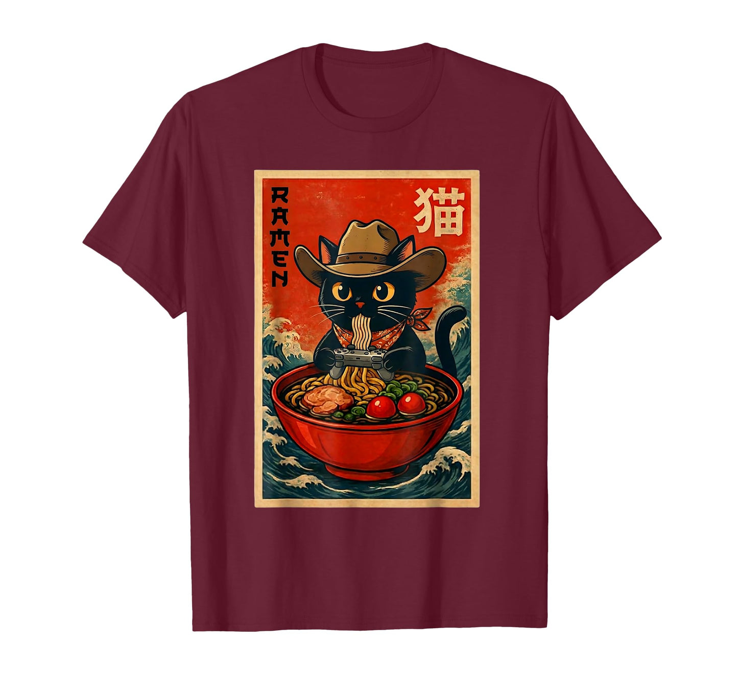 Cowboy Cat Ramen Retro Japanese Cat Gaming Noodle Teens T-Shirt