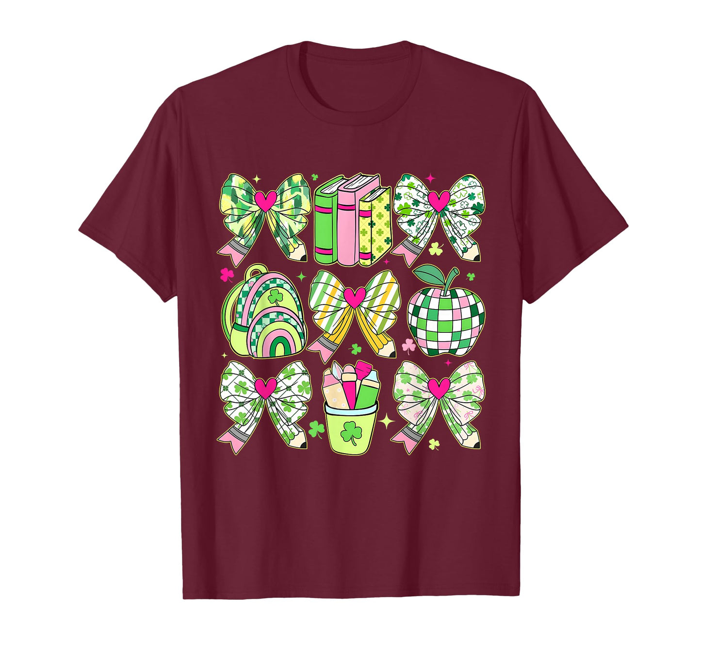 St Patricks Day Teacher Pencil Bow Shamrock Apple Girl Women T-Shirt