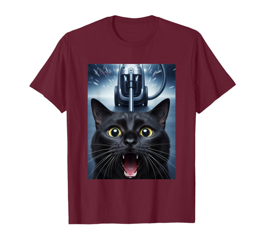Funny Black Cat Selfie with Vacuum Chase Meme T-Shirt
