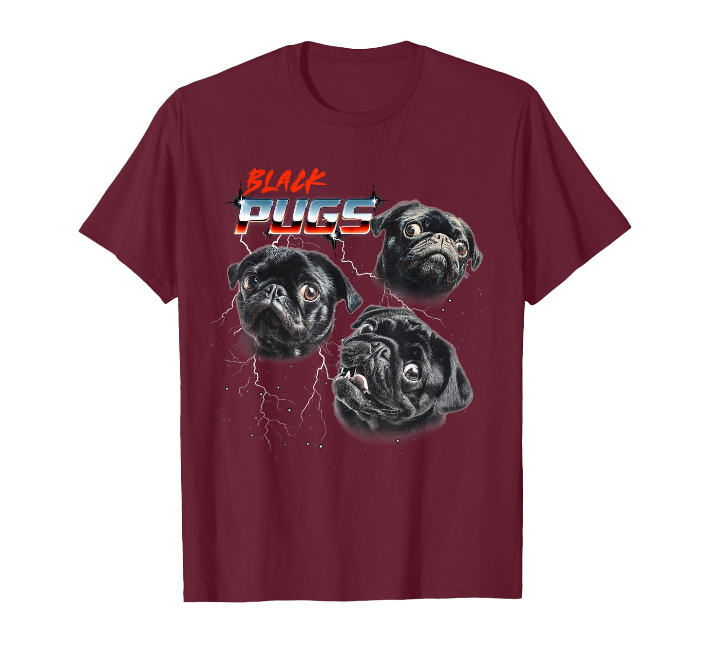 Mens Womens 80s Heavy Metal Rock Band Black Pug Dog Lover T-Shirt