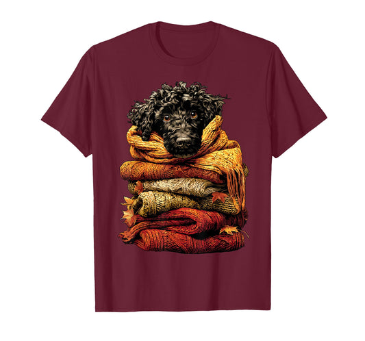Colorful Poodle Resting with Fall Leaves Cozy Autumn Dog T-Shirt