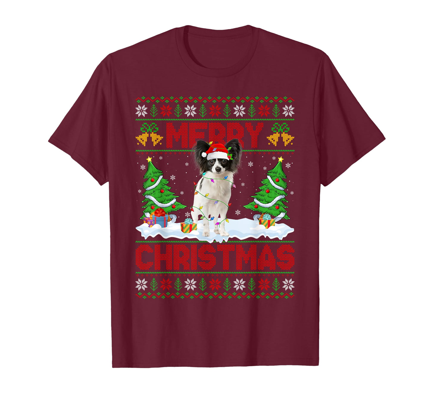 Papillon Dog Christmas Ugly Sweater Funny Santa Hat Dog Xmas T-Shirt